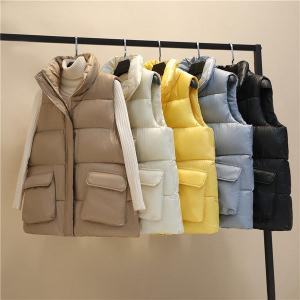 

women's vests women down cotton vest outerwear autumn winter loose sleeveless student waistcoat korean stylish big pocket casual, Black;white