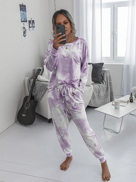 

drop shoulder tie dye pullover & sweatpants set n21v#, White