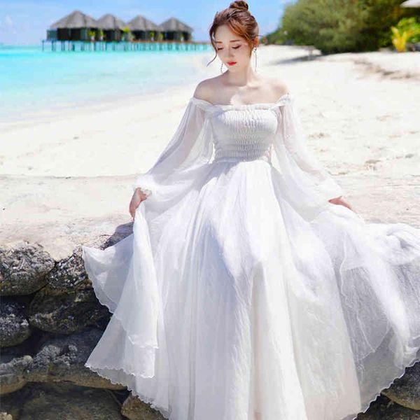 

dress 2021 summer chiffon ed girly elegant vintage slash neck to white line beach party, Black;gray