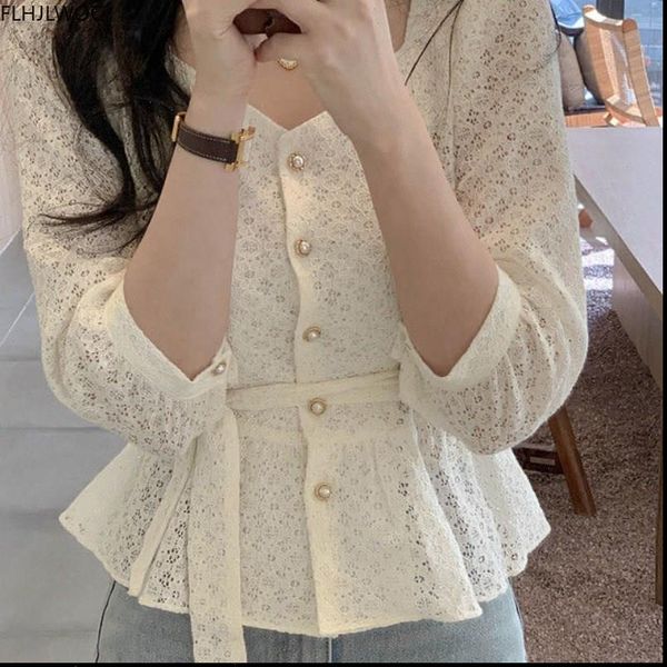 

hollow out crochet lace women shirt chic short crop cute lolita sweet peplum up bow tie blouse single breasted, White