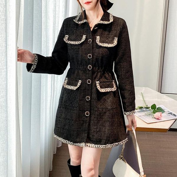 

casual dresses small fragrance wind autumn and winter long sleeved single-breasted bow lace-up ladies solid color tweed loose dress, Black;gray