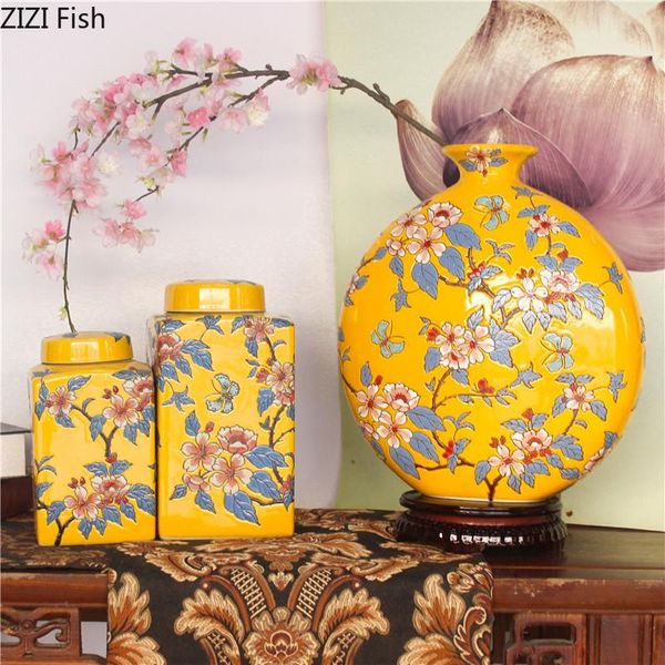 Vasi Vaso da fiori in ceramica giallo arancio vintage Soggiorno Ornamento da tavolo Simulazione creativa del motivo in rilievo