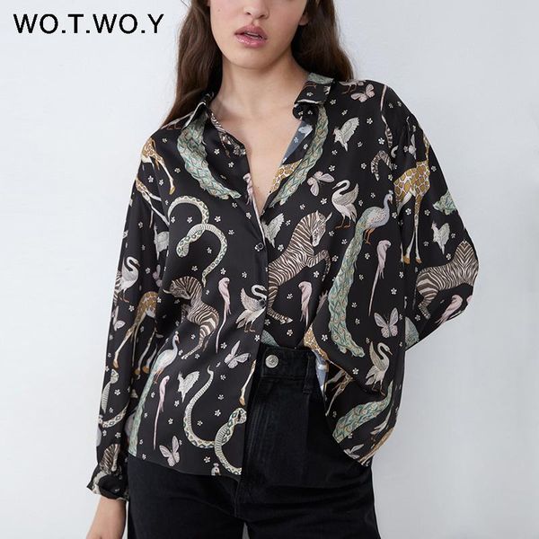 

women's blouses & shirts wotwoy summer cute print blouse women casual button turn-down collar long sleeve black lady's fashion 20, White