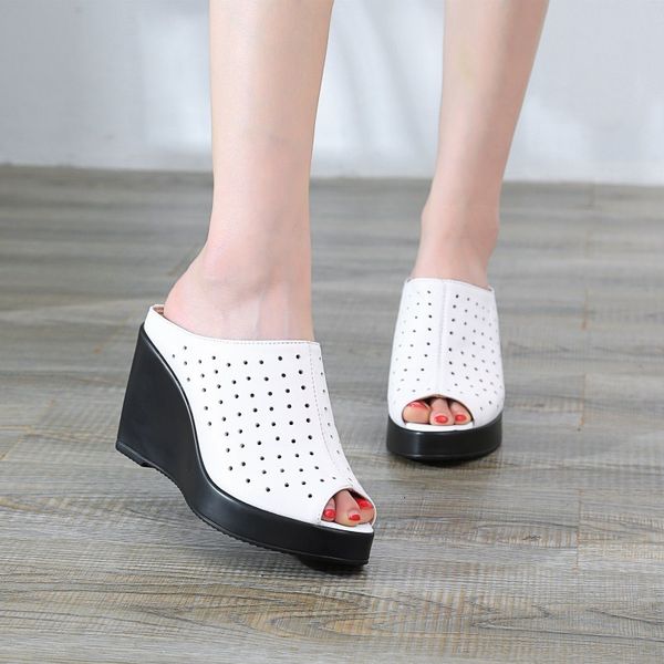 

sandals oco fora salto alto das mulheres sandlias de couro genuno macio vero peep toe cunhas sapatos para mulher plataforma, Black