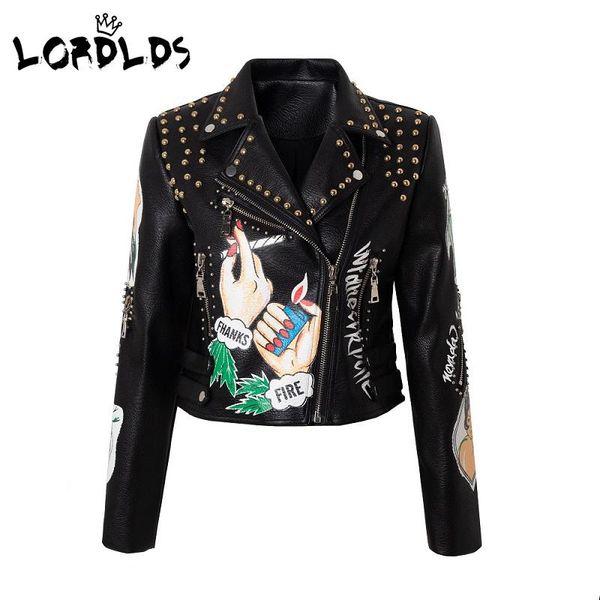 

leather biker jacket women forget me printed motorcyle punk graffiti outerwear studded outfit women's jackets, Black;brown