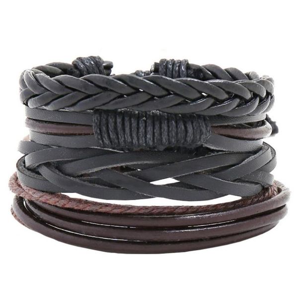 

charm bracelets black genuine leather men bracelet set punk vintage braided rope 4pcs/lot 2021 homme friendship jewelry, Golden;silver