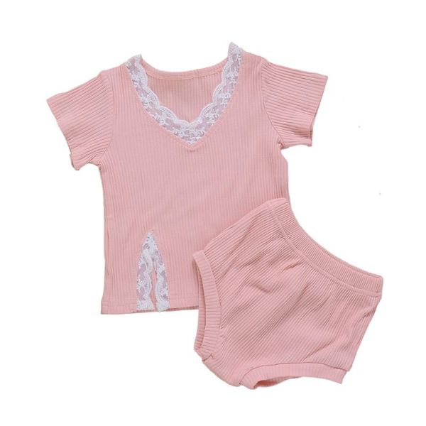 

clothing sets 0-24m baby summer girls solid color set short sleeve o neck lace and bottoms 2 piece suits, White
