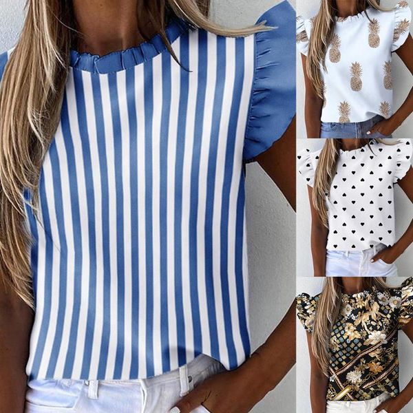 

women's blouses & shirts summer ruffle blouse 2021 short sleeve round neck print shirt female fashion plus size pullover clothes, White