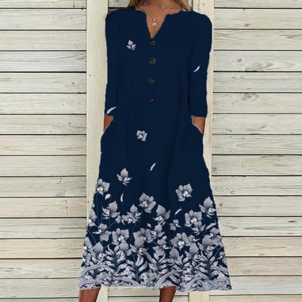 

casual dresses 2022 spring printed loose women dress elegant chic pocket pullover autumn fashion v-neck long sleeve, Black;gray