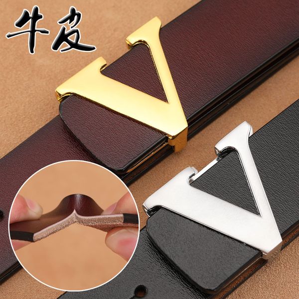 

direct sales smooth buckle men's large pure cow leather letter v belt, Black;brown