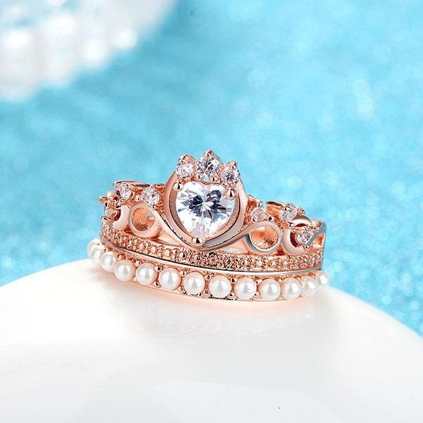 

wedding rings fashion luxury an crown crystal ring charm women inlay heart shaped zircon romantic bride engagement jewelry, Slivery;golden