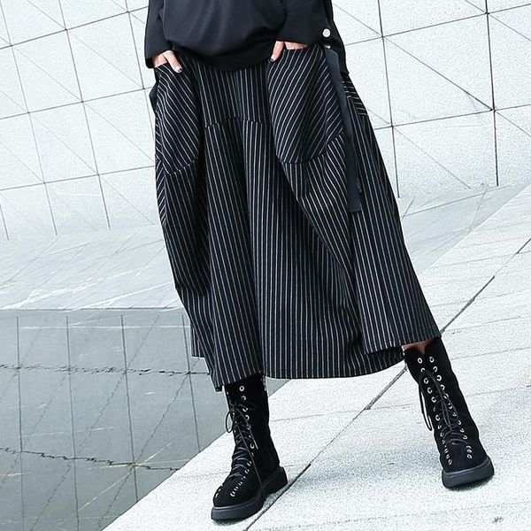 

women's pants & capris black white striped wide leg women high elastic plus size trousers with pockets calf-length casual loose hip hop