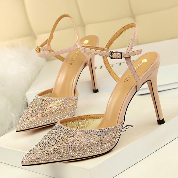 

dress shoes bigtree sandals fashion women high heels crystal hollow out nets pointed toe shallow elegant office 2021, Black