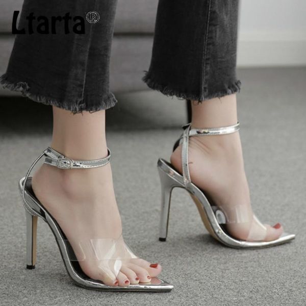 

dress shoes ltarta 2021 summer 35-42 pointed toe thin heeled women's fashion shallow mouth buckle fish high-heeled sandals, Black