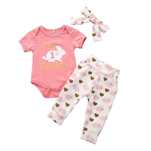 

my 1st easter born baby girl clothes sets short sleeve cotton bodysuit long pant trouser headband 3pcs clothing, White