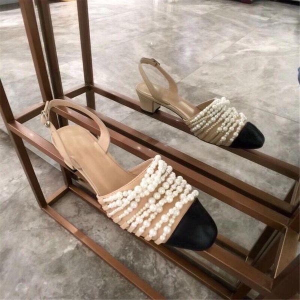 

summer pearl decoration women's sandals genuine leather sweet ladies med heels fashion mixed colors round toe shoes, Black