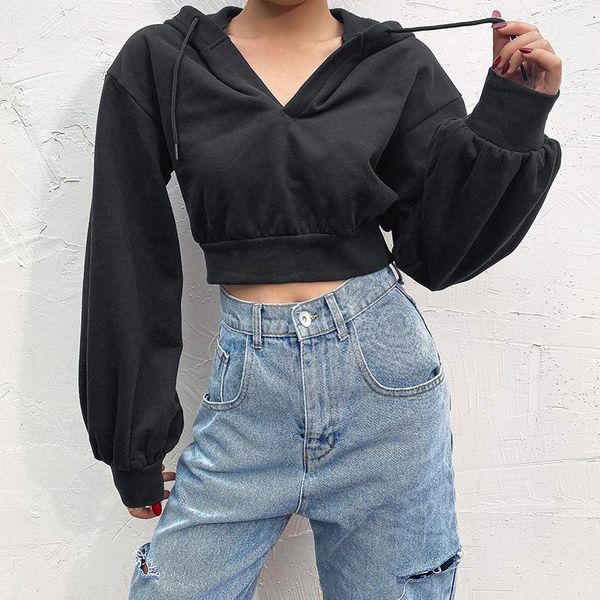 

vintage 2021 autumn solid black basic sweatshirts for women casual long sleeve female cropped hoodies korean streetwear outfits women's