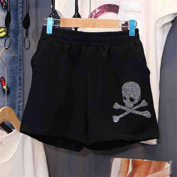 

skulls drilling shorts women summer black elastic waist pants street casual female loose fashion motion 210621, White;black