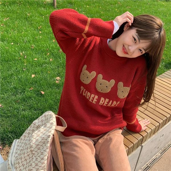 

women's sweaters christmas autumn and winter cute cartoon red bear embroidered long-sleeved sweater fashion, White;black