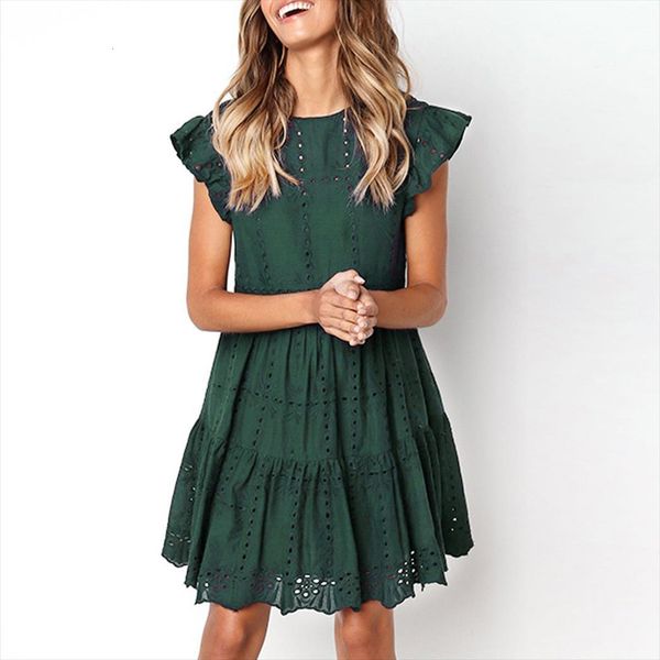 

hollow out ruched a line women dresses mini ruffles sleeve beach basic o neck summer sukienka vestidos n3, Black;gray