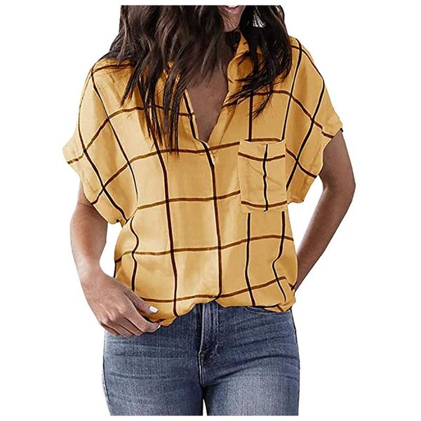 

women's t-shirt casual loose short sleeve v-neck plaid shirt collarless fashion flare blouses & shirts s-xl ropa mujer, White