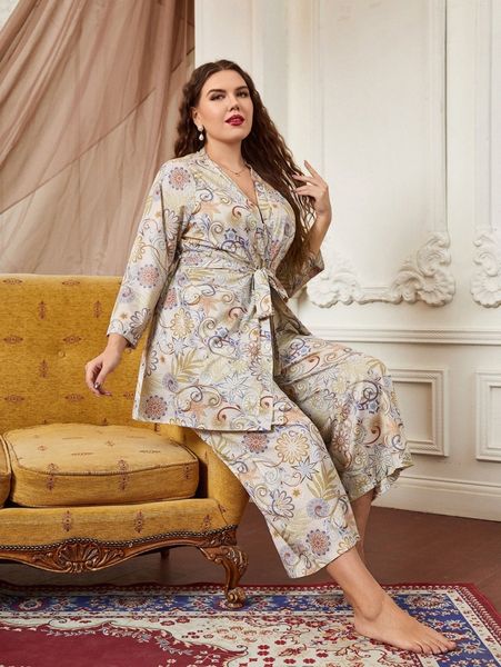 

plus floral print belted pj set y0mt#, Black;white