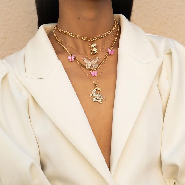 

Dragon Butterfly Bear Pendant Necklaces Multi Layer Acrylic Diamond Clavicle Chain Women Dress Suit Animal Gold Jewelry Accessories Wholesale, Silver