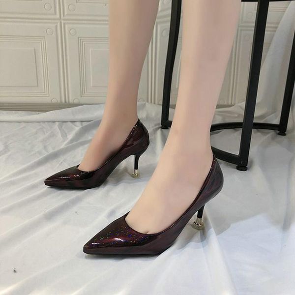 

dress shoes ladies thin heels pumps slip on sheos women spring autumn patent leather business pointed toe b63-57 jy, Black
