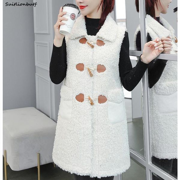 

women's vests wool lamb vest jacket lapel middle length sleeveles coat 2021 autumn winter pocket solid horn single breasted women cloth, Black;white