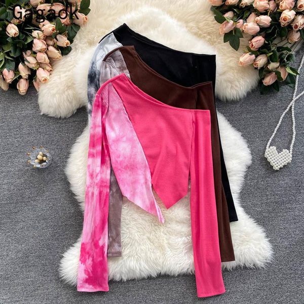 

women's t-shirt gagaok tie dye women t-shirts 2021 spring autumn hollow out skew collar streetwear tees fashion harajuku wild pullovers, White