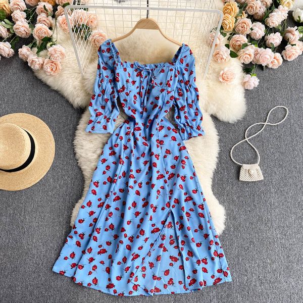 

singreiny women korean floral dress square collar short sleeve a-line dresses summer bohemian print holiday split midi sundress 210419, Black;gray