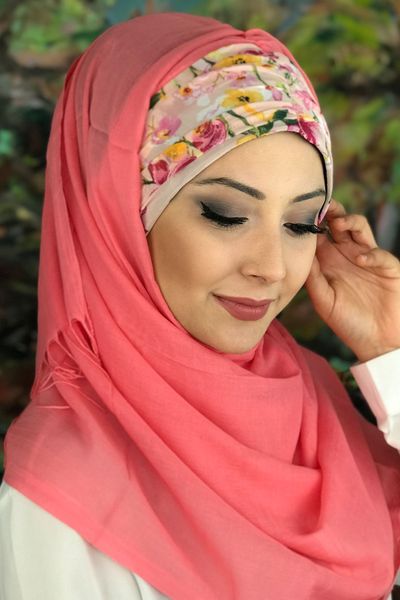 

new fashion 2021 islamic headscarf turban womans hat spring summer scarf bonnet coral color floral shirring ready made shawl, Blue;gray