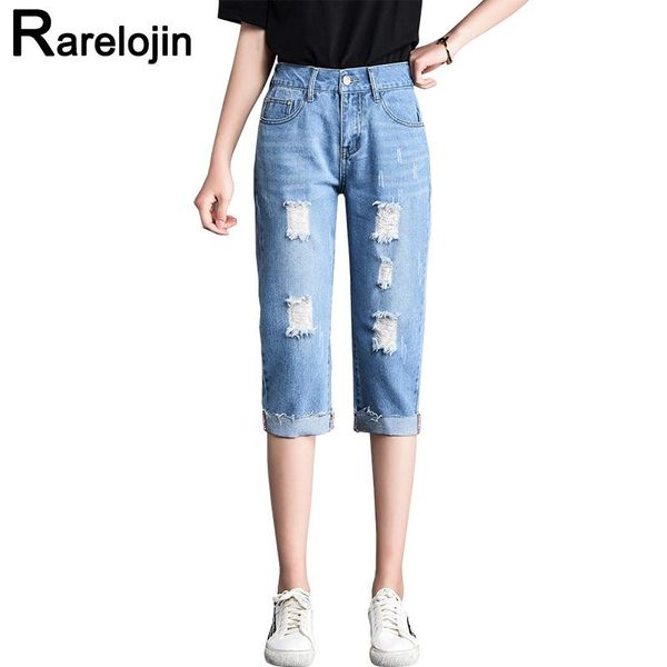 

women's jeans summer women fashion tide high waist plus size female womens cropped hole loose thin straight pants, Blue