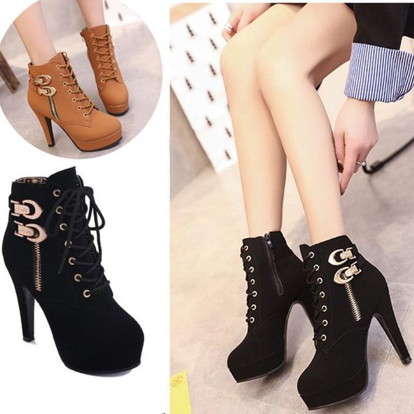 

boots women's snow high heel stiletto lace up zipper leather platform buckle ankle short vintage winter warm shoes yhz8, Black