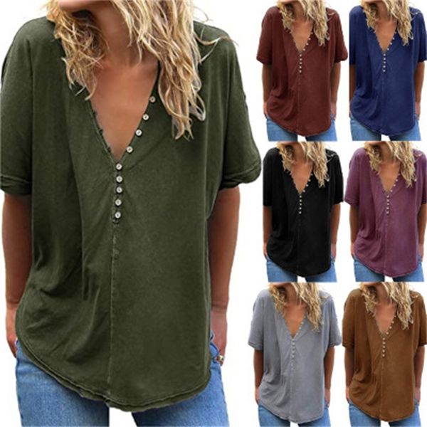 

t-shirt 2021 summer new women's loose v-neck button solid short sleeve t-shirt, White
