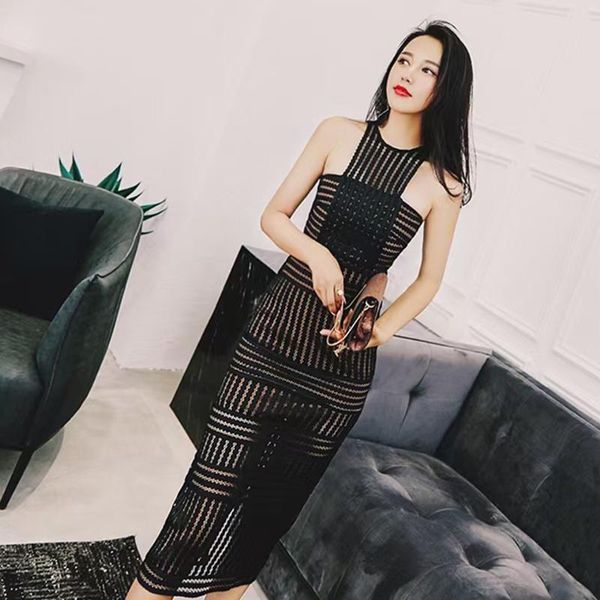 

casual dresses high waist split bodycon midi for women o neck sleeveless black hollow out dress female fashion summer, Black;gray