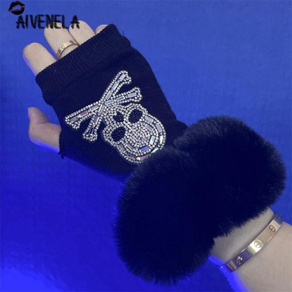 

five fingers gloves harajuku punk girls skull rivet cross fingerless mittens glove gothic faux fur streetwear winter afc1405, Blue;gray