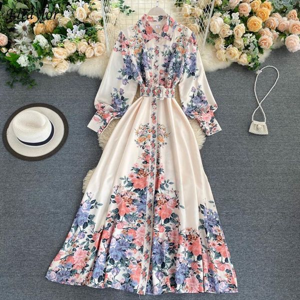 

Autumn Floral Print Women Dresses Turn Down Collar With Belt Single Breasted High Waist A Line Slim Dress, Black;gray