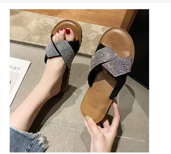 

summer student women's sandals slippers with rhinestones flat beach shoe ladies shoes casual flip flops, Black