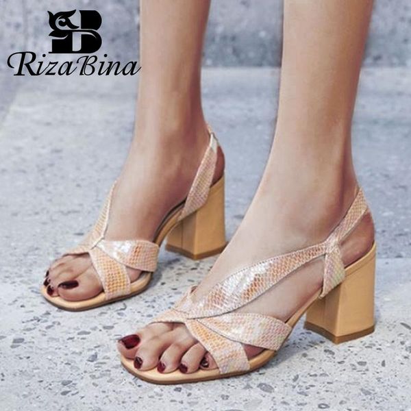 

women genuine real leather sandals shoes open toe thick high heel slip on snakeskin footwear size 34-39, Black