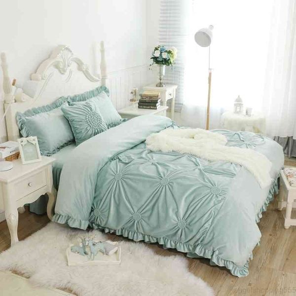 

hand work pleated luxury bedding thick fleece winter full  king size bed skirt duvet cover set pillowcase