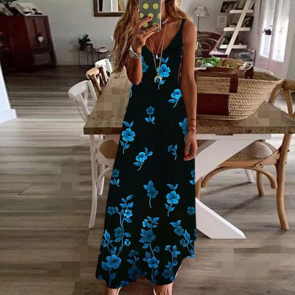 

casual dresses women's summer dress loose floral printed beach long sleeveless v-neck party maxi robe femme sundress 2021, Black;gray