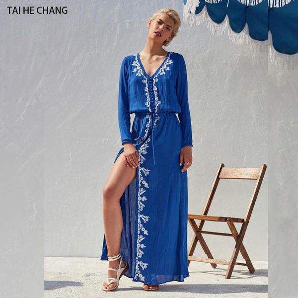 

casual dresses women dress autumn vestidos vintage embroidery bohemian runway beach v-neck long sleeve maxi blue slit, Black;gray