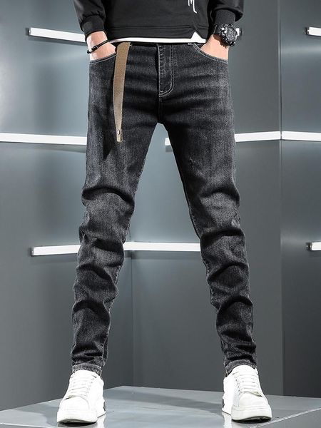 

men's jeans autumn men black stretch casual slim fit pencil pants korean style fashion denim trousers, Blue
