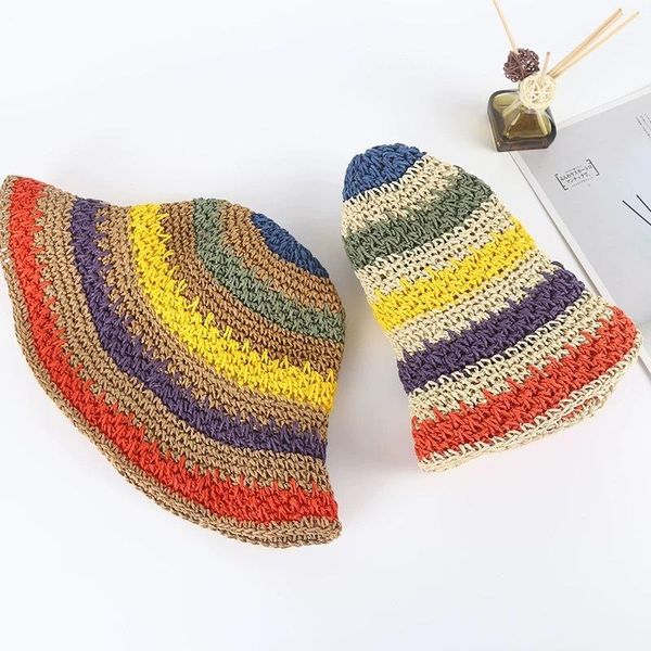 

wide brim hats 2021 summer women's bucket hat straw made children female beach sun visor cap rainbow crochet foldable parent-child pana, Blue;gray