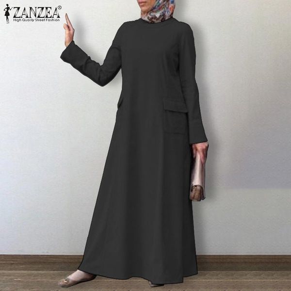 

casual dresses 2021 zanzea vintage long sleeve kaftan dubai turkey hijab fashion muslim abaya dress women autumn sundress robe, Black;gray