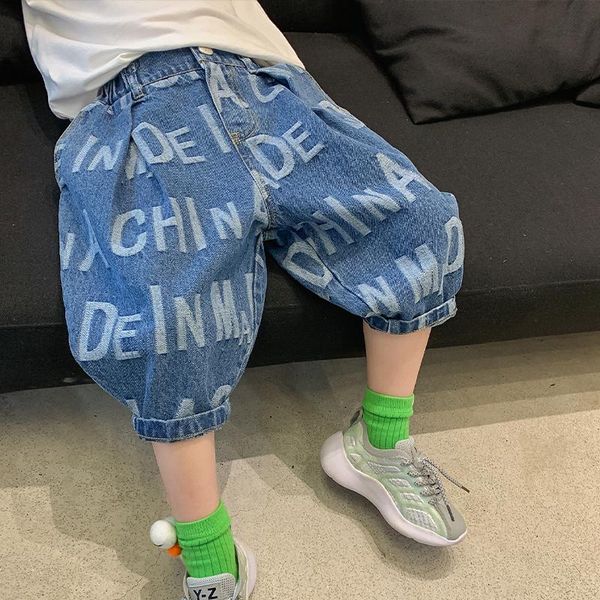 

children's jeans boys baby causal letter cowboy denim cropped pants summer 2021 fashion for older children, Blue