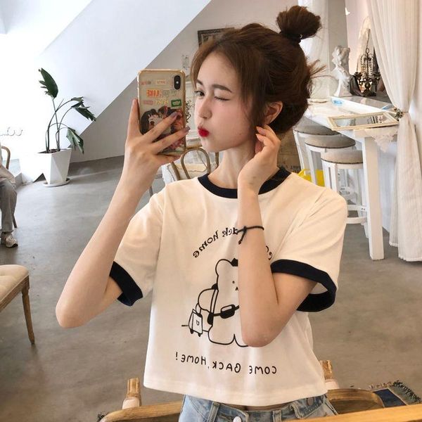 

women's t-shirt summer girlfriends korean 2021 net red cute color matching round collar bear student short sleeve girl, White