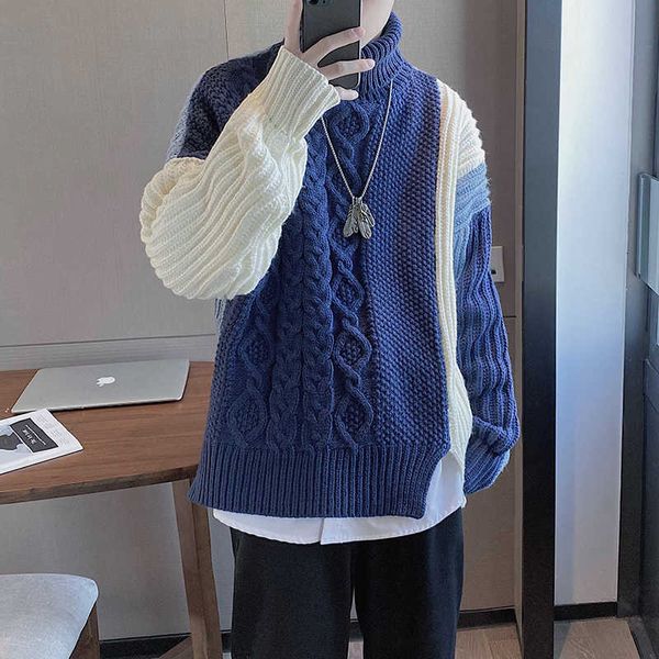 

men's sweaters style cashmere patchwork winter thicken pullover knitted turtleneck plus oversize xl pve2, White;black