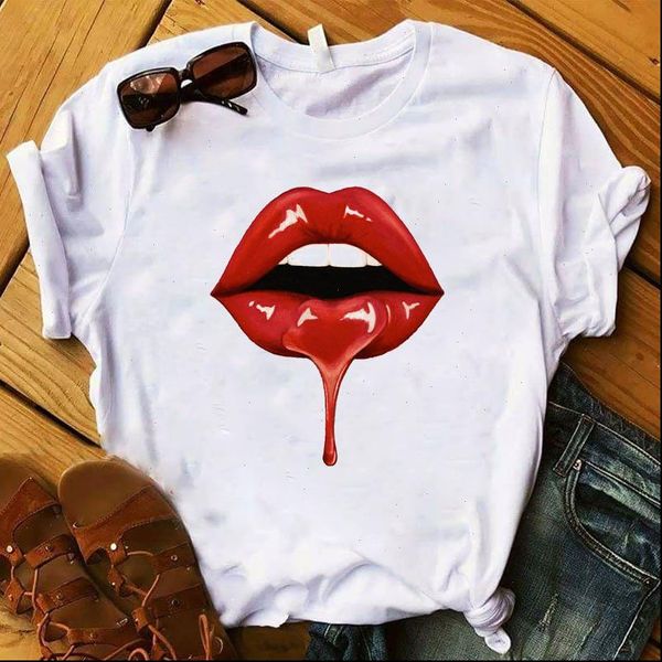 

red lip 3d printed women short sleeve loose tee clothes graphic, White